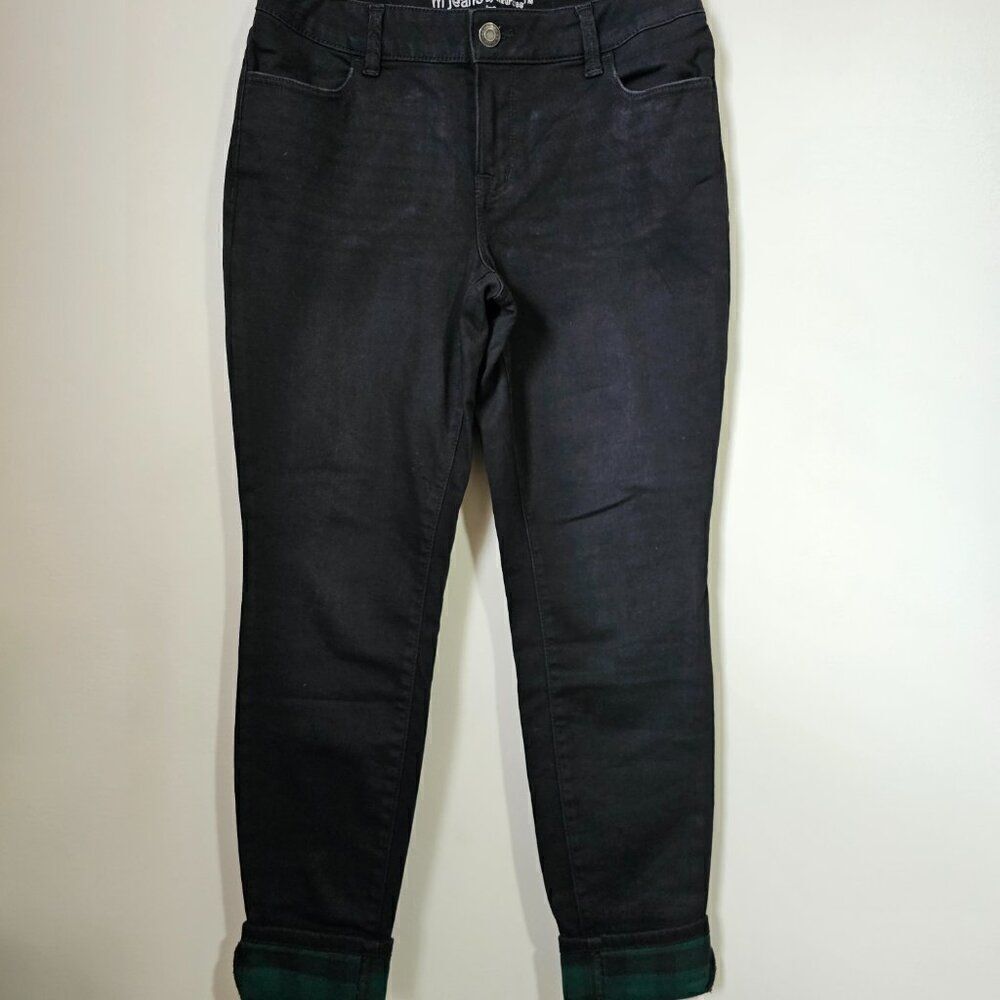EUC M JEANS BY MAURICES BLACK PLAID CUFF STRETCH JEANS SIZE LARGE REG